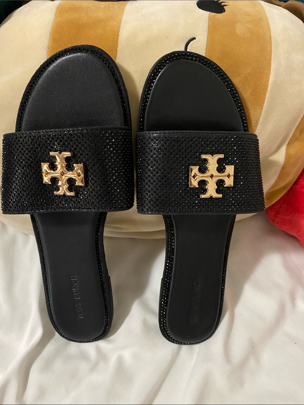 Tory Burch Black Slide Sandals with Gold Logo Accent